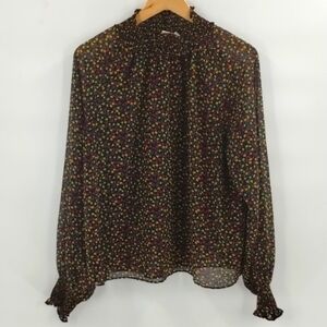 GAP Women's Blouse Large Sheer Floral Black Print Mock Stretch